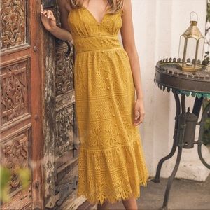 Robyn Mustard Yellow Lace Button-Up Midi Dress